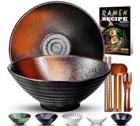 9.4Inch Ceramic Ramen Bowl Set of 2 (9 Piece) - Porcelain Japanese Salad Noodles Cereal Fruit Pasta Soup Large Bowls with Recipes Chopsticks Forks Spoons for Men Women Gift Microwave Dishwasher Safe
