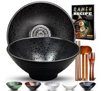9.4Inch Ceramic Ramen Bowl Set of 2 (9 Piece) - Porcelain Japanese Salad Noodles Cereal Fruit Pasta Soup Large Bowls with Recipes Chopsticks Forks Spoons for Men Women Gift Microwave Dishwasher Safe