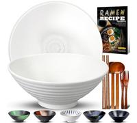 9.4Inch Ceramic Ramen Bowl Set of 2 (9 Piece) - Porcelain Japanese Salad Noodles Cereal Fruit Pasta Soup Large Bowls with Recipes Chopsticks Forks Spoons for Men Women Gift Microwave Dishwasher Safe