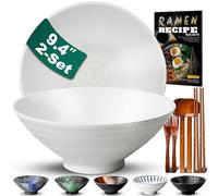 9.4Inch Ceramic Ramen Bowl Set of 2 (9 Piece) - Porcelain Japanese Salad Noodles Cereal Fruit Pasta Soup Large Bowls with Recipes Chopsticks Forks Spoons for Men Women Gift Microwave Dishwasher Safe