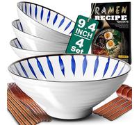 9.4Inch Ceramic Ramen Bowl Set of 4 (17 Piece) - Porcelain Japanese Salad Noodles Cereal Fruit Pasta Soup Large Bowls with Recipes Chopsticks Forks Spoons for Men Women Gift Microwave Dishwasher Safe