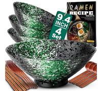 9.4Inch Ceramic Ramen Bowl Set of 4 (17 Piece) - Porcelain Japanese Salad Noodles Cereal Fruit Pasta Soup Large Bowls with Recipes Chopsticks Forks Spoons for Men Women Gift Microwave Dishwasher Safe