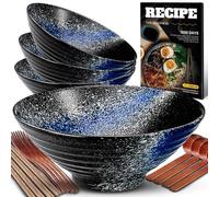 9.4Inch Ceramic Ramen Bowl Set of 4 (17 Piece) - Porcelain Japanese Salad Noodles Cereal Fruit Pasta Soup Large Bowls with Recipes Chopsticks Forks Spoons for Men Women Gift Microwave Dishwasher Safe