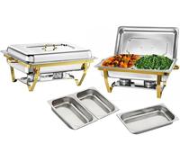 9.5L Chafing Dish Buffet Set, Stainless Steel Food Warmer with 1 Full-Size Pan, 2 Half-Size Pans, Lid, Water Pan, Foldable Gold Frame & Fuel Holders, for Parties, Catering & Holiday Events