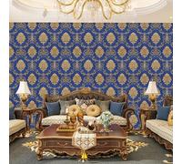 9.5X0.53M 6 Colors Luxury Gold Damask Waterproof Embossed Textured PVC Wallpaper Murals Roll for Bedroom Livingroom 1.73' W x 31.2' L=5.035㎡ (54sq.ft) (Blue)
