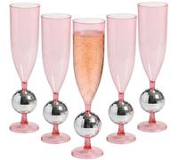 9" 6 oz. Silver Disco Ball Stem Pink Plastic Champagne Flutes - 12 piece