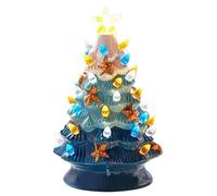 9.7" Ceramic Christmas Tree with Light, Lighted Tabletop Christmas Tree with Star Topper, Vintage Blue Tree with Base, Pre-Lit Ceramic xmas Tree Battery Operated Christmas Night Light, L
