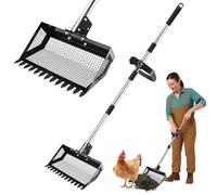 9.8×9.1in Chicken Poop Scooper, Chicken Coop Rake, Multifunctional 2 in 1 Sifting Shovel for Cow Shed Raking/Pet Waste/Yard Cleanup, Adjustable Length/Angle Coop Scoop with Ergonomic Handle (Black)