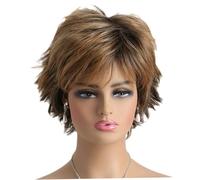 9.8" Brown Short Wavy Synthetic Wig - Layered Curly Highlight Wig with Bangs for Women