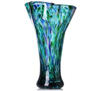 9.8" Tall Teal Blue Hand Blown Glass Vases for Home Decor,Modern Wide Mouth Ruffle Flower Vase Table Centerpieces,Colored Coastal Sea Glass Art for Bookshelf,Bathroom,Counterto,Wedding