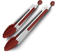 9" and 12" Tongs with Silicone Rubber Grips,Kitchen Tongs with Silicone Tips - Stainless Steel Tong for Cooking, Small and Large - Metal BBQ Tongs with Locking (Red)