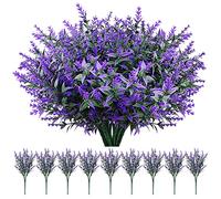 9 Bundles Artificial Flowers Outdoor, Plastic Purple Artificial Lavender | UV Resistant Fake Flowers, Faux Shrubs Plants for Indoor Decor, Home or Outdoor Garden, Porch, Windows Arrangements