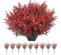 9 Bundles Artificial Flowers Outdoor, Plastic Red Artificial Lavender | UV Resistant Fake Flowers, Faux Shrubs Plants for Indoor Decor, Home or Outdoor Garden, Porch, Windows Arrangements