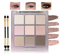 9-Color Neutral & Warm Eyeshadow Palette with Flattering Shimmer Finishes in Square Transparent Case - Contains Dual-Ended Detail & Blending Brushes for Daily Office Wear and Light Mature Style Makeup