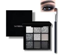 9 Color Smokey Eyeshadow Palette, Black Grey & Silver Sparkly Eyeshadow, Long Lasting Highly Pigmented Makeup Palette with Mirror & Brush, Portable Travel Eye Makeup for Christmas & Music Festivals
