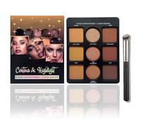 9 Colors Contour Highlighter Palette - Earthy Tone Full Coverage Powder, Waterproof Long-Lasting Nose Shadow, Matte Sculpting Palette with Make-up Brush for All Skin Tones