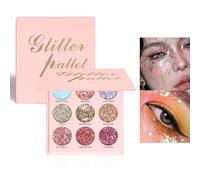9 Colors Glitter Eyeshadow Palette, Diamond Shine Pressed Pigmented Metallic Shimmery Sparkly Eye Shadow Palette, Long Lasting Waterproof Eye Shadow for Party