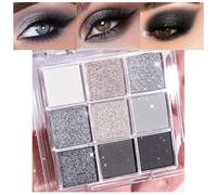 9 Colors Silver Gray Glitter Eyeshadow Palette, Black Smokey Grey Silver White Sparkle Glitter Shimmer Shiny Eye Shadow Palette Makeup kit for older Women, High Pigment Waterproof (9 Colors Black)
