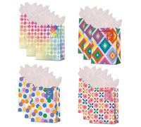 9" Gift Bags Medium Size with Tissue Paper, 12 Pack Colorful Wrap Paper Gift Bags with Handles for Shopping Parties Wedding Holiday Presents 4 Designs (Multicolor)