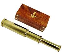 9" Handheld Brass Telescope Nautical Spyglass with Anchor Design Wooden Box - Vintage Pirate Telescope Replica, Maritime Decor, Collectible Gift for Home Office Desk