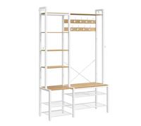 9 Hook Coat Rack with Shoe Bench, Golden Oak and Cloud White