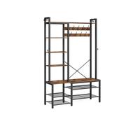 9 Hook Coat Rack with Shoe Bench, Rustic Brown + Ink Black