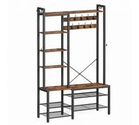 9 Hook Coat Rack with Shoe Bench, Rustic Brown + Ink Black