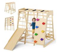 9 in 1 Climbing Frame, Kids Climbing Set, Jungle Gym for 2-5yrs Kids, Solid Wood, Toddlers Climber Toys with Slide/Swing/Suspension Bridge/Gymnastic Rings/Climbing Rope & Wall