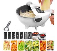 9-in-1 Multi-functional Rotate Vegetable Cutter Manual Slicer Fruit Cutter Mandoline Choppers Veggie Fruit Shredder Grater Large Capacity Vegetable Drainer Draining Basket Carrot Potato Cutting Tool