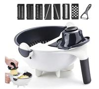 9 in 1 Multifunctional Vegetable Cutter with Drain Basket, Vegetable and Fruit Grater with Interchangeable Blades, Portable Chopper for Slicing Shredding Carrot Potato