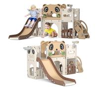 9-in-1 Toddler Slide with Climbing Ladder,Tunnel and Basketball Hoop, Indoor Outdoor Garden Slide Set for Kids, Children's Playground Toy, Montessori Play Equipment for Age 1-6 (White and brown panda)