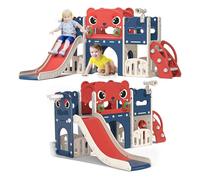 9-in-1 Toddler Slide with Climbing Ladder, Tunnel and Basketball Hoop, Indoor Outdoor Garden Slide Set for Kids, Children's Playground Toy, Montessori Play Equipment(Red-blue Little Devils)