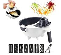 9-in-1 Vegetable Cutter with Drain Basket,Multi Rotating Blade Grater Slicer,Manual Kitchen Prep Tool for Veggie Fruit,Portable Colander Set,Shredder Dicer for Potato Carrot(White)