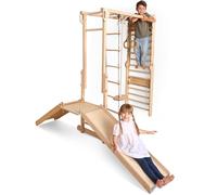 9-in-1 Wooden Indoor Jungle Gym for Kids, Montessori-Inspired Climbing Set with Swedish Wall, Monkey Bars, Chin-Up Bar, Rings, Swing, Rope Ladder, Climbing Board, Slide & Platform