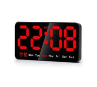 9-Inch LED Digital Wall Clock with 12/24H, Large Red Digits, Battery or Plug-In Power, 3-Level Brightness, Night Mode, Time/Date/Temp
