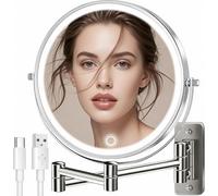9" Large 15X Rechargeable Wall Mounted Lighted Makeup Mirror Nickel, 5000mAh HD Magnifying Mirror with 3 Color Bright Lights Touch Screen Dimmable, 17" Extendable 360° Swivel Bathroom Vanity Mirror