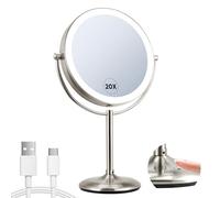 9" Lighted Makeup Mirror, 1X/20X Rechargeable Magnifying Mirror with 3 Color Dimmable Lights for Bedroom Tabletop, Base Charging and Switch, Women Gift