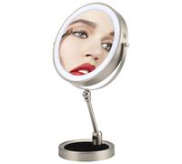 9" Lighted Makeup Mirror with Magnification 10X,Height Adjustable & Rechargable Magnifying Mirror,Double Sided LED Vanity Mirror,3 Color Lights & Brightness Adjustable Cosmetic Mirror(Brush Nickel)
