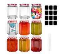 9 Pack 280ml Glass Jam Jars with Red Gingham Lid Air Tight Pickling Jars | Small Hexagonal Storage Jars with Stickers and Pens, Glass Jam Jars with Lids, Preserve Jar for Marmalade, Chutney, Seasoning