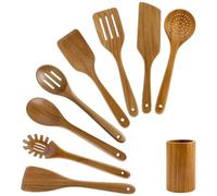 9 Pack Best Wooden Spoons Non Toxic Cooking Utensil Set with Utensils Holder Kitchen Slotted Turner Spatula Set Acacia Wood Utensils for Cooking Spoon Scraper Spurtle Bamboo Flat Egg Flipper Spatulas