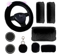 9 Pack Cute Bear Fluffy Steering Wheel Cover for Women,LXPKKIG Cute Fuzzy Steering Wheel Cover for Women Girls,Fluffy Car Accessories Set for Women Universal 15 Inch (Black)