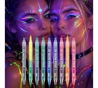 9-Pack Dual-Tip UV Glow Face Paint Pens, Dual-Colour Neon Markers | Water-based formula, black light reactive fluorescent colours, dual-head pens for festivals, rave looks and creative art