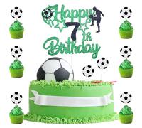 9 Pack Football Cake Topper 7,Happy 7th Birthday Cake Topper,Football Cake 7th Birthday Decorations,1 Double Sided Glitter Topper with 8 Soccer Cupcake Decorations for Party Supplies