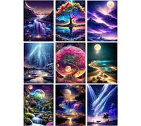9 Pack Landscape Diamond Painting Kits for Adults，5D DIY Aurora Borealis with Tree Diamond Art Kits for Beginners Round Full Drill Painting with Diamonds Gem Art for Home Wall Decor Gift12X16Inch