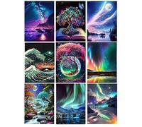9 Pack Landscape Diamond Painting Kits for Adults，5D DIY Aurora with Tree Diamond Art Kits for Beginners Round Full Drill Painting with Diamonds Gem Art and Crafts for Home Wall Decor Gift12X16Inch