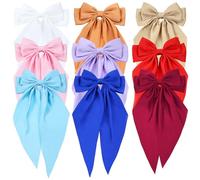 9 Pack Oversized Satin Hair Bows White Pink Red Blue Green Black Hair Accessories Bowknot with Long Tail Ribbon Giant Hair Bow Clips French Barrettes for Women Girls (Set 2 of Women Hair Bows)