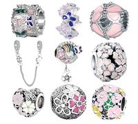 9 Pack Silver Spacer Beads Charms fit Pandora Bracelet Butterfly Pink CZ Pendant Set Enamel Heart Balloons Birthday