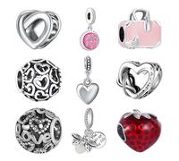 9 Pack Silver Spacer Beads Charms fit Pandora Bracelet Butterfly Pink CZ Pendant Set Enamel Strawberry Heart Balloons Happy Birthday