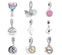 9 Pack Silver Spacer Beads Charms fit Pandora Bracelet CZ Pendant Set Heart Happy Birthday Lucky