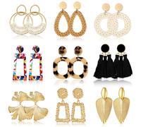 9 Pairs Boho Statement Earrings Set, Pierced and Clip-On Hypoallergenic Eco-Friendly Dangle Drop Earrings Jewelry for Women, One Size, Alloy, Resin, Rattan, No Gemstone